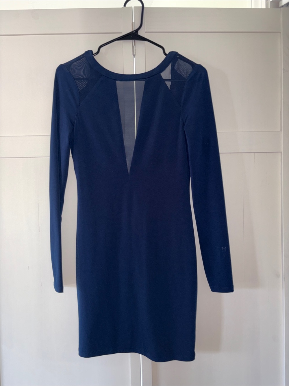 Express Navy Long Sleeve Mesh-Panel Bodycon Dress